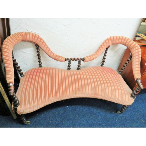 102 - 19th Century Concave fronted Couples twin seat settee with two raised backrests showing spiral barle... 