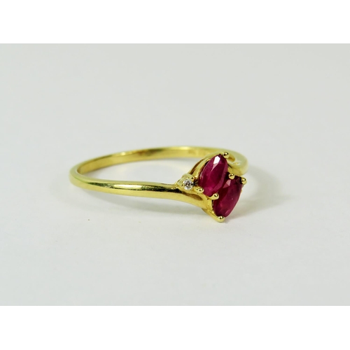 129 - 9ct Twin Ruby  & Two small Diamond set ring.   Finger size T-5  1.7g