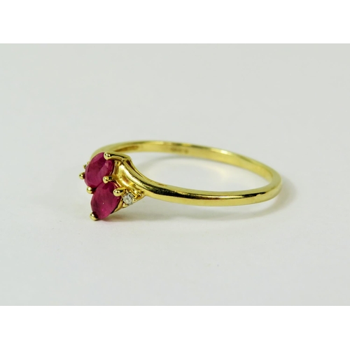 129 - 9ct Twin Ruby  & Two small Diamond set ring.   Finger size T-5  1.7g