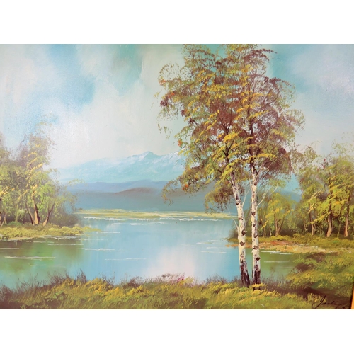 77 - Oil on Canvas of Silver Birch Trees by a lakeside with Mountains in the distance. Housed in a gilt f... 