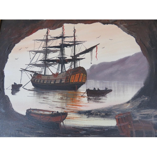 81 - Two Oil on Canvases from the Cornish School of Smuglers cave and harbour scape. Largest measures 27 ... 