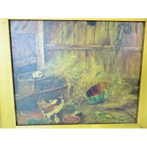 82 - Pair of Early 20th Century  Oil on board of Poultry in a Barn setting. Each bears the signature & Da... 