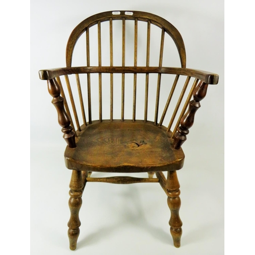 90 - Well made Oak Childs size Windsor stick chair with turned legs.  Seat height 11 inches,  Height to b... 