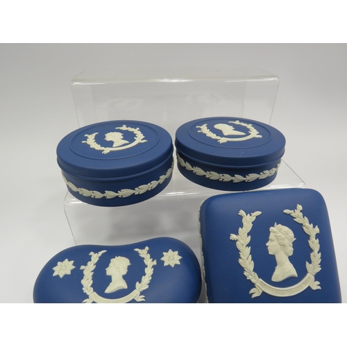 221 - 4 Wedgwood dark blue Jasperware lidded trinkets Queens silver Jubilee 1977.