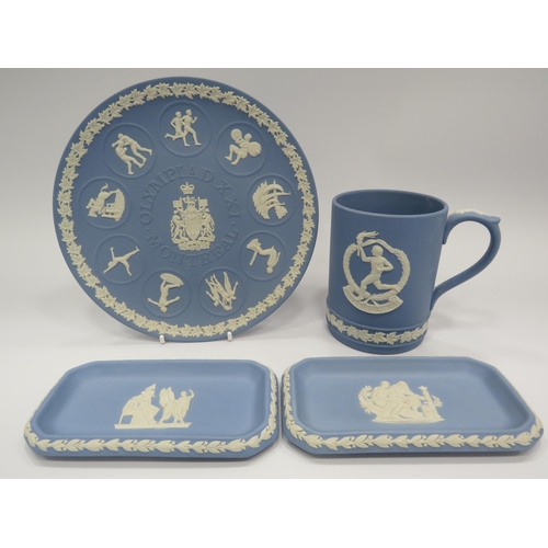 227 - 4 Pieces of Wedgwood Jasperware including Olympiad plate and tankard.