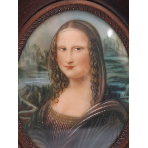 242 - Mini portrait of Mona Lisa in a oak frame, Frame measures 15.5cm by 13.5cm.