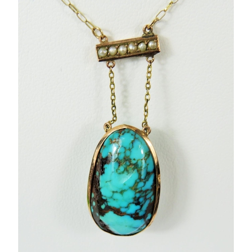 144 - Antique, Banded Turquoise pendant set on a 9ct Mount and hung on a 9ct Yellow gold chain of approx 1... 