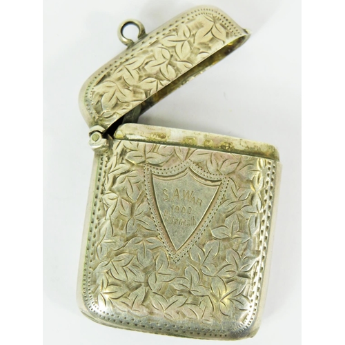 148 - Antique Silver Vesta case with scrolled decoration. Interesting Military Inscription,  S.A. WAR 1900... 