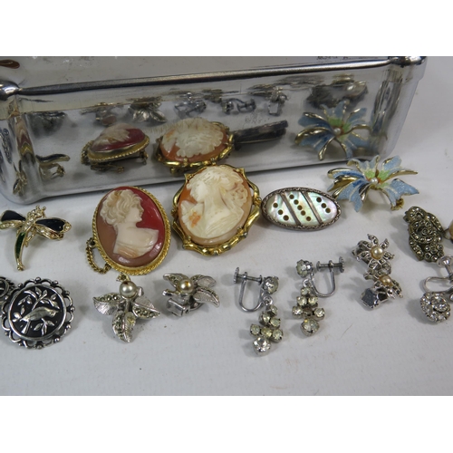 260 - Vintage Jewellery box , white metal storage box and a selection of vintage brooches and clip on earr... 