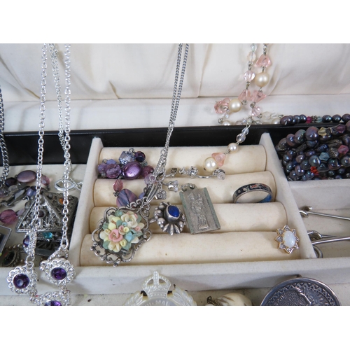 261 - Large Jewellery box and costume jewellery including some sterling silver items.