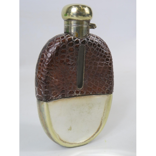 267 - Silver plated and crocodile skin antique hip flask.