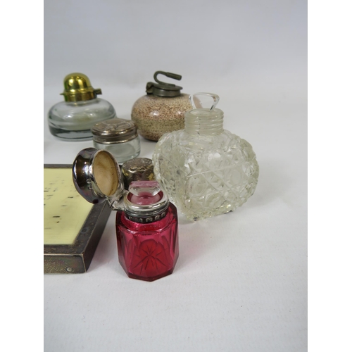 271 - Interesting mixed lot to include scent bottles, calendar, glass roller and inkwell, most with silver... 