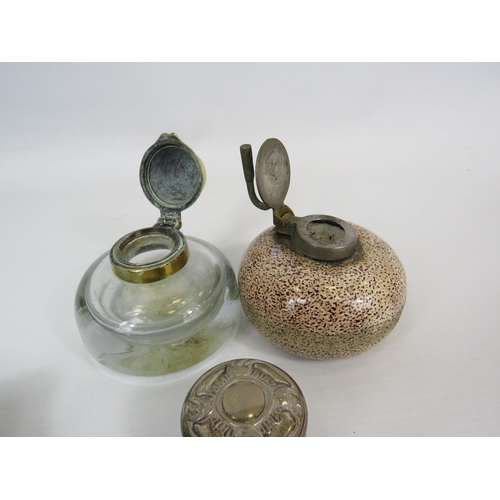 271 - Interesting mixed lot to include scent bottles, calendar, glass roller and inkwell, most with silver... 