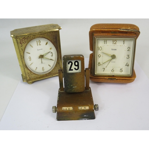 289 - Vintage Perpetual calendar, travel alarm clock and small mantle clock.