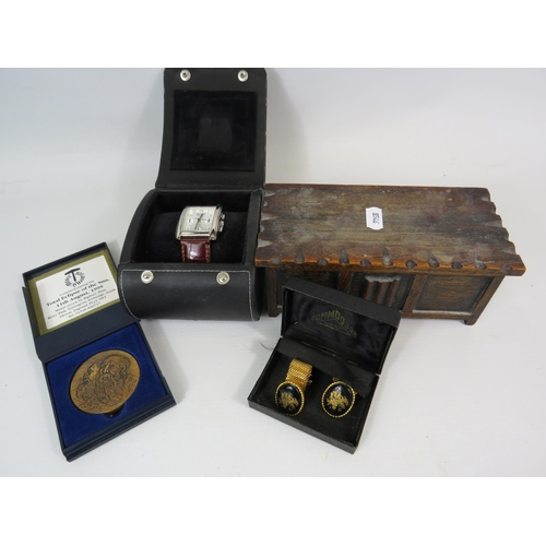 293 - Mixed lot to include a Ingersol watch, cuff links, wooden box and a eclipse commemorative medal.