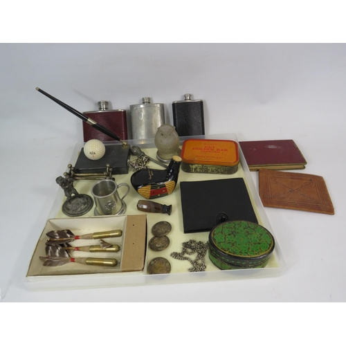 294 - Interesting mixed collectables lot including hip flasks, wax seal stamp etc.