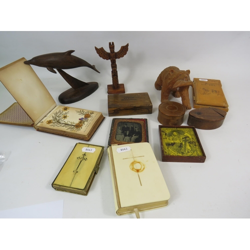 295 - Mixed lot to include small antique bibles, wooden trinket boxes, pressed flowers etc.