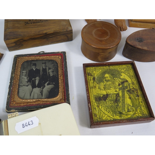 295 - Mixed lot to include small antique bibles, wooden trinket boxes, pressed flowers etc.