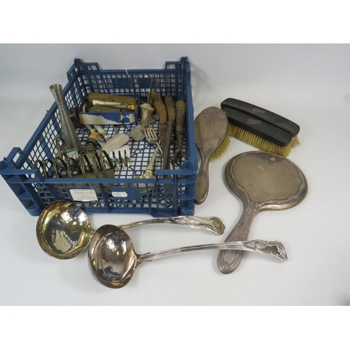 302 - Mixed lot to include a dressing table brushes and mirror, antler handle cutlery, large soup ladels e... 