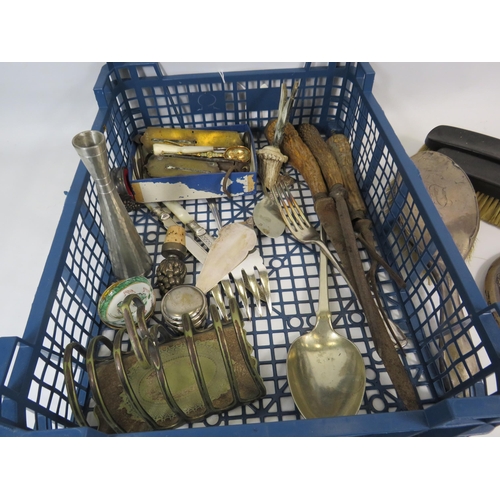 302 - Mixed lot to include a dressing table brushes and mirror, antler handle cutlery, large soup ladels e... 