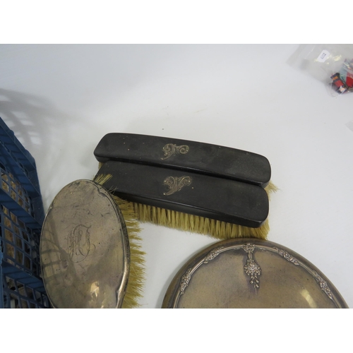 302 - Mixed lot to include a dressing table brushes and mirror, antler handle cutlery, large soup ladels e... 