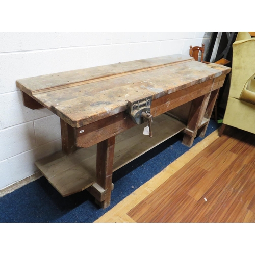 501 - Vintage Timber made workbench with Record Vice fitted.  Handy shelf under  Measures  H:33 x W:72 xc ... 