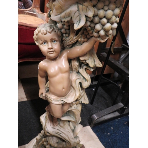 531 - Marble and faux Marble Jardinaire stand carved with Grapes and a cherub.  H:34 inches and 12 inches ... 