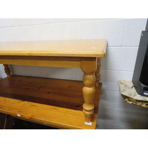 548 - Blondewood Low table with turned legs. H:17 x W:50 x D:24 inches. See photos.   S2