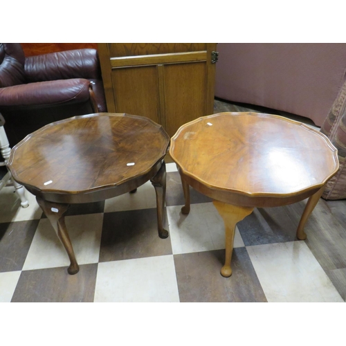 555 - Two Matching low circular tables with quartered grain , pie crust tops.  Each approx H:17 x W:24 inc... 