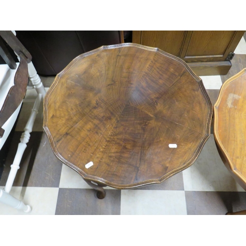 555 - Two Matching low circular tables with quartered grain , pie crust tops.  Each approx H:17 x W:24 inc... 