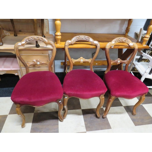 556 - Trio of Antique balloon back Oak framed chairs. Upholstered with carved backs. See photos.   S2