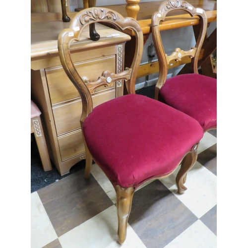 556 - Trio of Antique balloon back Oak framed chairs. Upholstered with carved backs. See photos.   S2