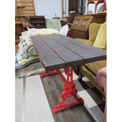 560 - Victorian era garden table made by Lunn & Reynolds of Bradford with cast metal ends and a recently r... 