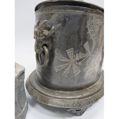 312 - Antique pewter tea chest, lead tobacco jar and a vintage brass microscope.