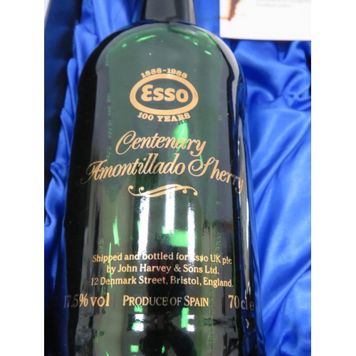 321 - Unopened bottle of Esso centenary 100 years Amontillado cherry in a presentation box with a picture ... 