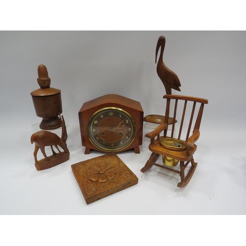 327 - Mixed woodenware lot including a Smiths mantle clock, mini rocking chair etc.