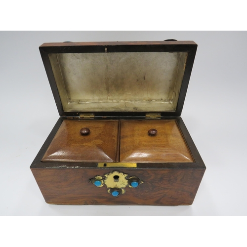 328 - Vintage tea caddy in the style of a treasure chest decored with brass and turquoise stones.