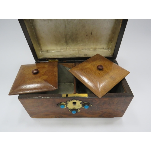 328 - Vintage tea caddy in the style of a treasure chest decored with brass and turquoise stones.