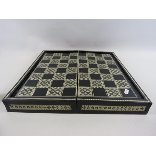 342 - Egyptian folding Chess/backgammon board lacquered with mother of pearl inlay.