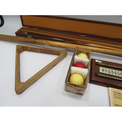 400 - Bce 2 piece snooker cue and a selection of snooker accessories including score board.