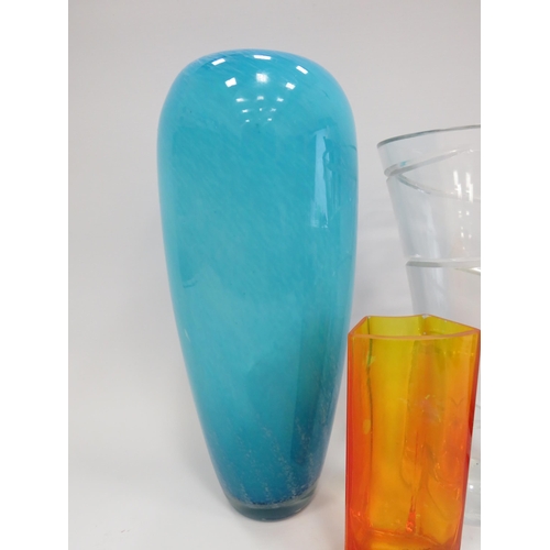 417 - Large blue art glass vase plus 3 other glass vases. The tallest measures 14