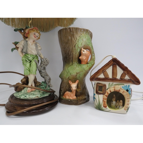 418 - Capodimonte figural lamp, Eastgate pottery fauna vase plus a pottery house lamp.