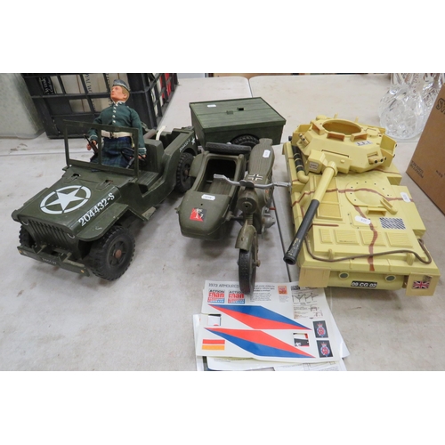 419 - Action Man toys including a 1964 palitoy figure, Jeep with trailer, Motorcycle and side car, HM Forc... 