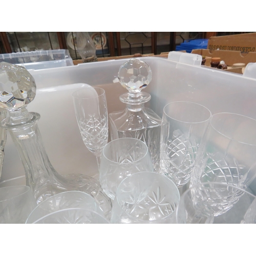 460 - 2 Trays of various crystal glasses and decanters including Edinburgh.