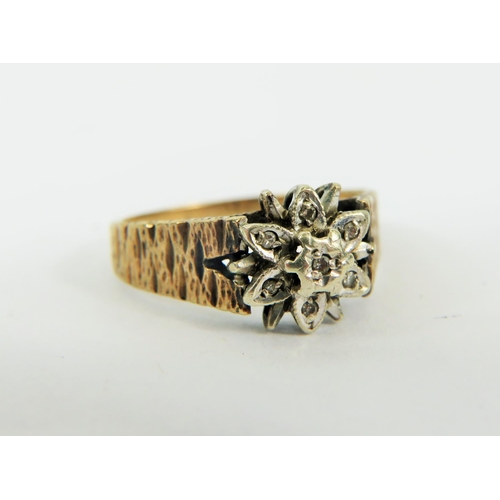 171 - 9ct Gold Vintage Diamond Floral Cluster Textured Shoulders Ring (3g)     2036235