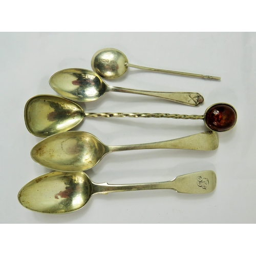 186 - Selection of Four Hallmarked Silver spoons (total weight 66g) plus an unmarked (testing low grade Si... 