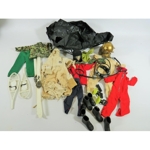 498 - Selection of vintage action man clothes, equipment.  See photos.