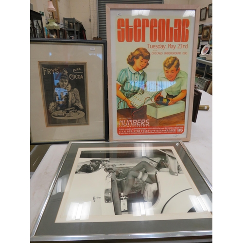 566 - Framed Stereolab music concert poster signed by the artist, Framed art photograph and Framed Frys ad... 