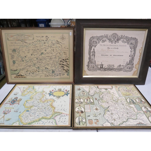 574 - 3 Framed vintage maps of Lancashire and a 1910s Diploma.