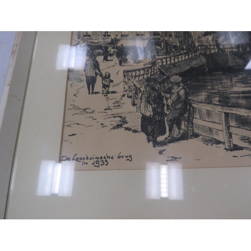 581 - Framed pencil sketch and a print of a dutch village.